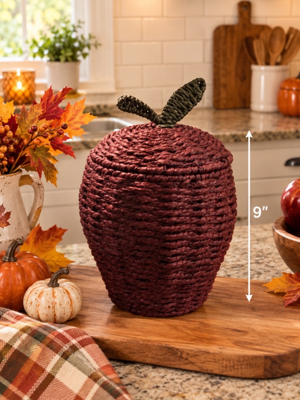 Apple Shaped Woven Storage Basket With Lid Fall Kitchen Decor